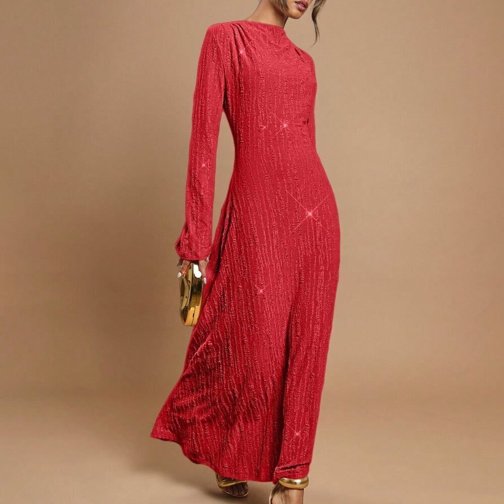 Red Party Women's Stand Collar Long Sleeve Sparkling Luxury Long Dress - Picture 4 of 5